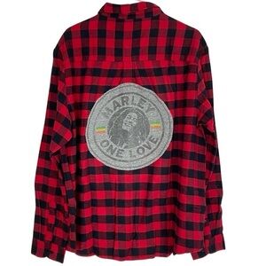 Bob Marley One Love Flannel Shirt Mens XL Shacket Buffalo Plaid Red Black Unisex
